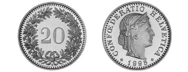 moneta 20 centymów franka szwajcarskiego